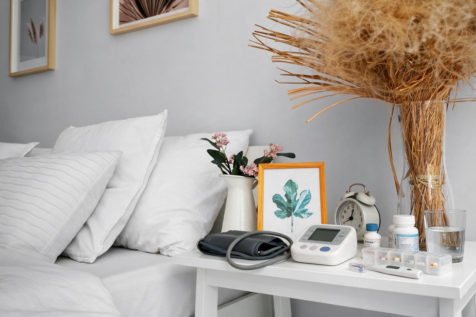 Home care essentials on a bedside table